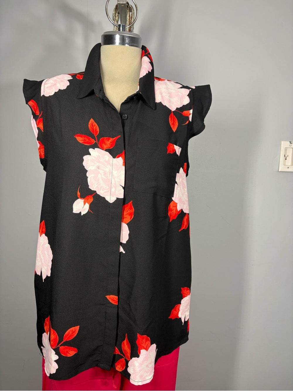 Simon Chang Black Button-Down Top with Pink and Red Floral Print